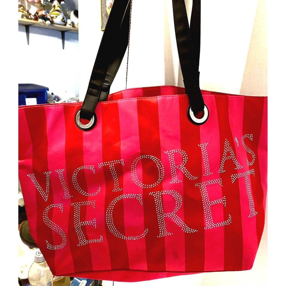 Victoria's Secret Tote Weekender Bag Pink Red Stripes Rhinestone Logo